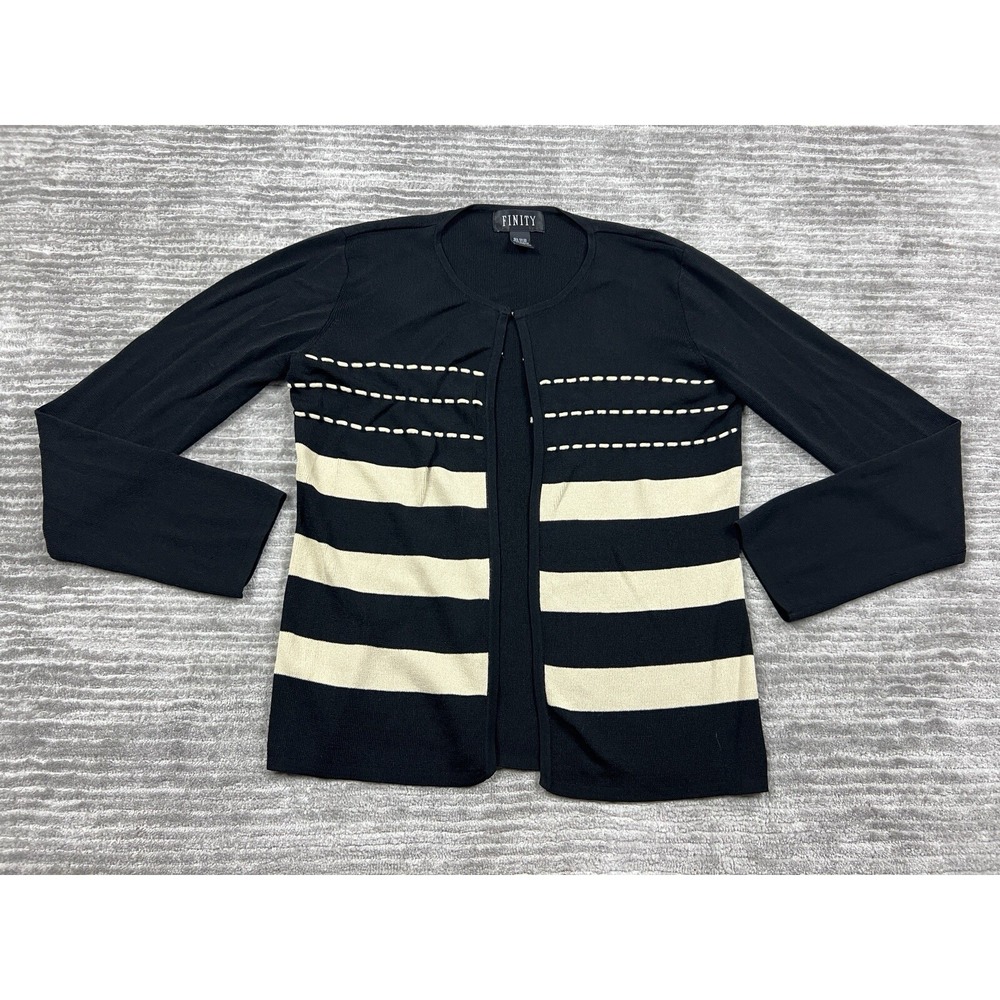 FINITY Sweater Womens Medium Black Beige Striped Open Front Longsleeve Cardigan